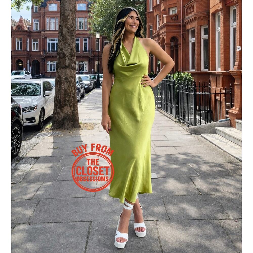 MANGO Green Open Back Satin Midi Dress NWT Cowl Neck Wedding Guest - Picture 12 of 16